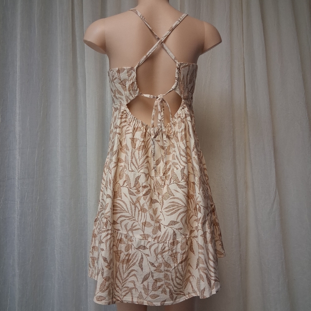 Shore Women Size L Chic Strapless Cream and Brown Leaf Print Dress - Picture 10 of 16